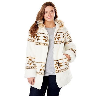 Woman Within Plus Size Faux Fur Snowflake Print Hooded Jacket