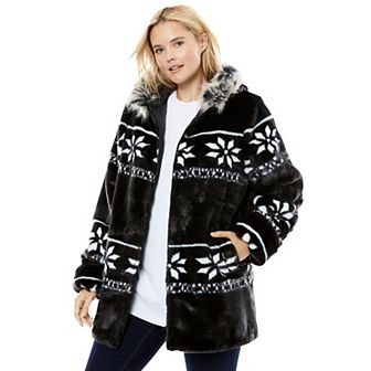 Woman Within Plus Size Faux Fur Snowflake Print Hooded Jacket