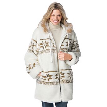 Woman Within Plus Size Faux Fur Snowflake Print Hooded Jacket