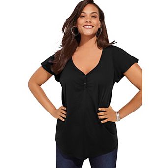 Roaman's Women's Plus Size Plus Size Cotton Ultimate Flutter Sleeve Sweetheart Tee