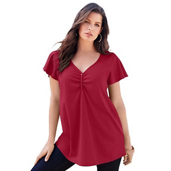 Roaman's Women's Plus Size Plus Size Cotton Ultimate Flutter Sleeve Sweetheart Tee