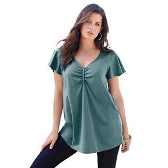 Roaman's Women's Plus Size Cotton Ultimate Flutter Sleeve Sweetheart Tee