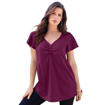 Roaman's Women's Plus Size Plus Size Cotton Ultimate Flutter Sleeve Sweetheart Tee