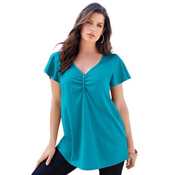 Roaman's Women's Plus Size Plus Size Cotton Ultimate Flutter Sleeve Sweetheart Tee