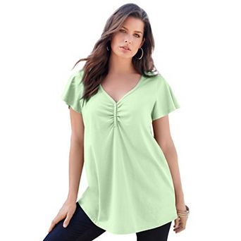 Roaman's Women's Plus Size Plus Size Cotton Ultimate Flutter Sleeve Sweetheart Tee
