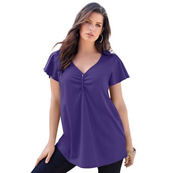 Roaman's Women's Plus Size Cotton Ultimate Flutter Sleeve Sweetheart Tee