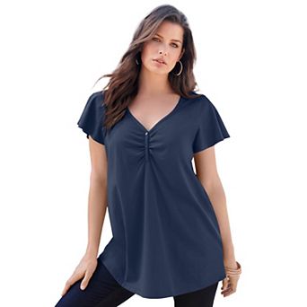 Roaman's Women's Plus Size Cotton Ultimate Flutter Sleeve Sweetheart Tee