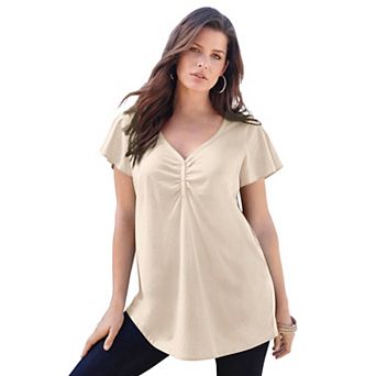 Roaman's Women's Plus Size Cotton Ultimate Flutter Sleeve Sweetheart Tee