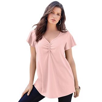 Roaman's Women's Plus Size Plus Size Cotton Ultimate Flutter Sleeve Sweetheart Tee