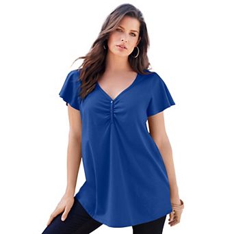 Roaman's Women's Plus Size Cotton Ultimate Flutter Sleeve Sweetheart Tee