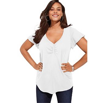 Roaman's Women's Plus Size Plus Size Cotton Ultimate Flutter Sleeve Sweetheart Tee