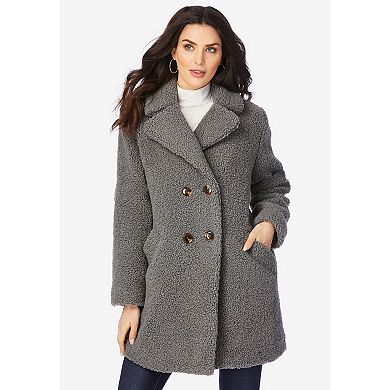 Roaman's Women's Plus Size Double Breasted Teddy Coat