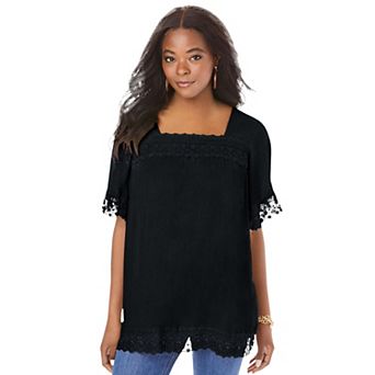 Roaman's Women's Plus Size Hand Crinkled Embroidered Lace Top