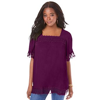 Roaman's Women's Plus Size Hand Crinkled Embroidered Lace Top