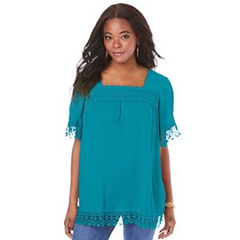 Roaman's Women's Plus Size Hand Crinkled Embroidered Lace Top