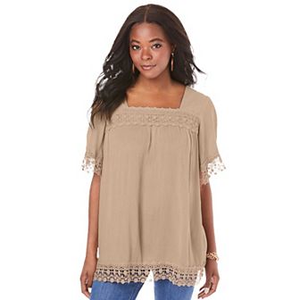 Roaman's Women's Plus Size Hand Crinkled Embroidered Lace Top