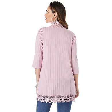 Roaman's Women's Plus Size Crochet Trim Pointelle Cardigan