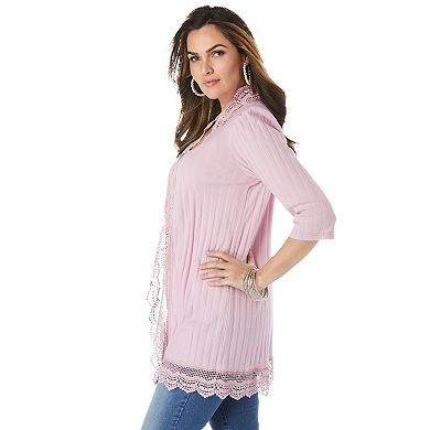 Roaman's Women's Plus Size Crochet Trim Pointelle Cardigan