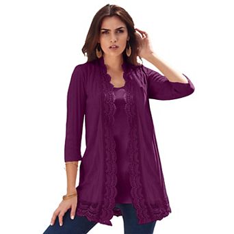 Roaman's Women's Plus Size Crochet Trim Pointelle Cardigan