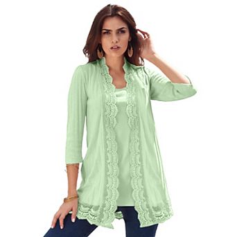 Roaman's Women's Plus Size Crochet Trim Pointelle Cardigan