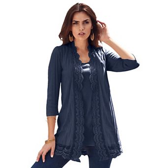 Roaman's Women's Plus Size Crochet Trim Pointelle Cardigan