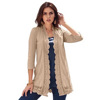 Roaman's Women's Plus Size Crochet Trim Pointelle Cardigan