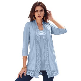 Roaman's Women's Plus Size Crochet Trim Pointelle Cardigan