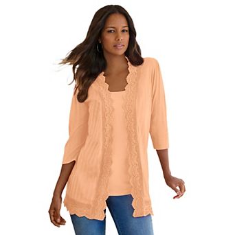 Roaman's Women's Plus Size Crochet Trim Pointelle Cardigan