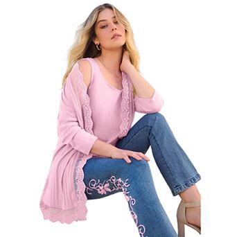 Roaman's Women's Plus Size Crochet Trim Pointelle Cardigan