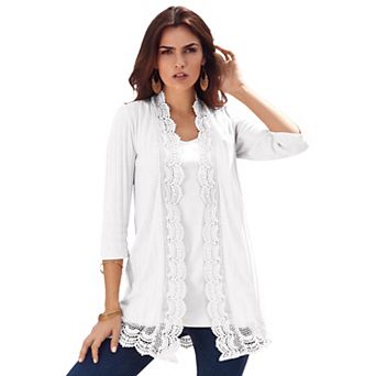 Roaman's Women's Plus Size Crochet Trim Pointelle Cardigan