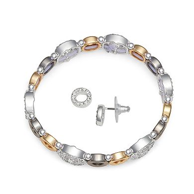 Nine West Tri Tone Circle Link Stretch Bracelet & Stud Earrings Set
