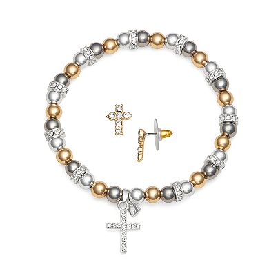 Nine West Tri Tone Cross Charm Stretch Bracelet & Stud Earrings Set
