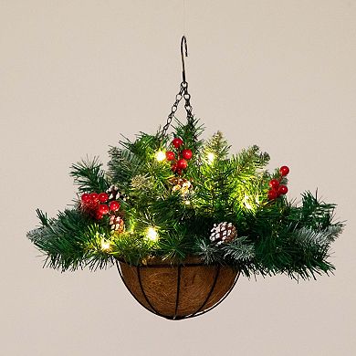 nearly natural 16-in. Pre-Lit Artificial Pine & Berry Hanging Basket