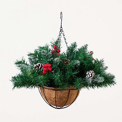 nearly natural 16-in. Pre-Lit Artificial Pine & Berry Hanging Basket