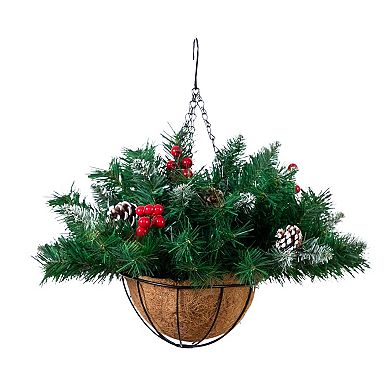 nearly natural 16-in. Pre-Lit Artificial Pine & Berry Hanging Basket