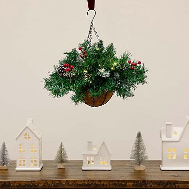 nearly natural 16-in. Pre-Lit Artificial Pine & Berry Hanging Basket