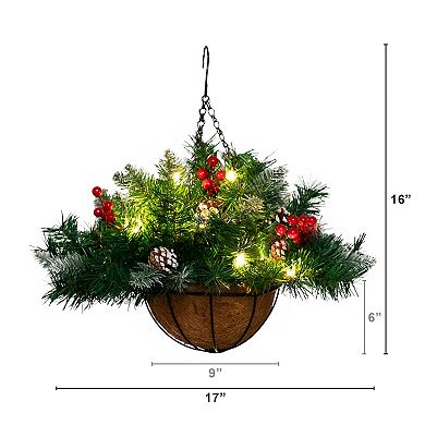 nearly natural 16-in. Pre-Lit Artificial Pine & Berry Hanging Basket