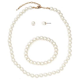 You're Invited Silver Tone Simulated Pearl Necklace, Stud Earrings, and Bracelet Set