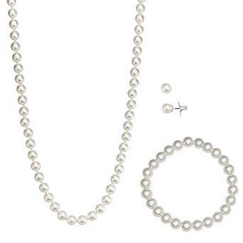 You're Invited Silver Tone Simulated Pearl Necklace, Stud Earrings, and Bracelet Set