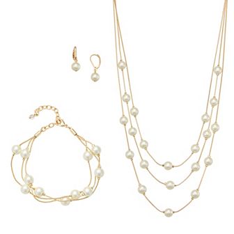 You're Invited Silver Tone Simulated Pearl Multi-Strand Necklace, Multi-Strand Bracelet, & Drop Earrings Set
