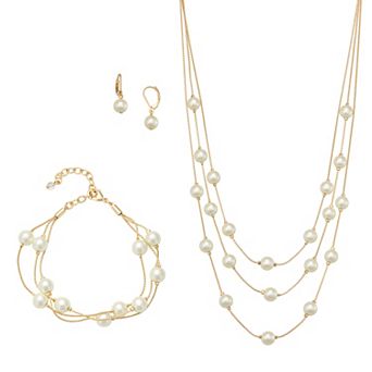 You're Invited Silver Tone Simulated Pearl Multi-Strand Necklace, Multi-Strand Bracelet, & Drop Earrings Set