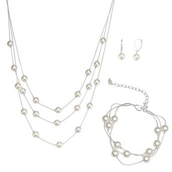 You're Invited Silver Tone Simulated Pearl Multi-Strand Necklace, Multi-Strand Bracelet, & Drop Earrings Set