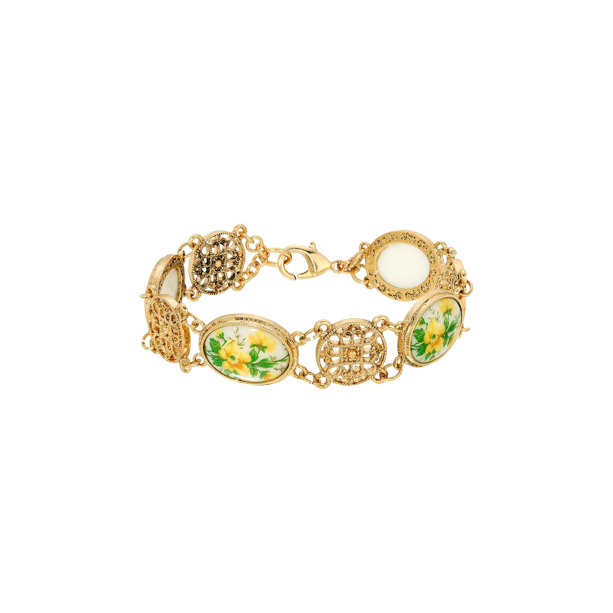 1928 Gold Tone Floral Glass Stones Link Bracelet, Womens, Green