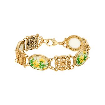 1928 Gold Tone Floral Glass Stones Link Bracelet