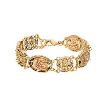 1928 Gold Tone Floral Glass Stones Link Bracelet