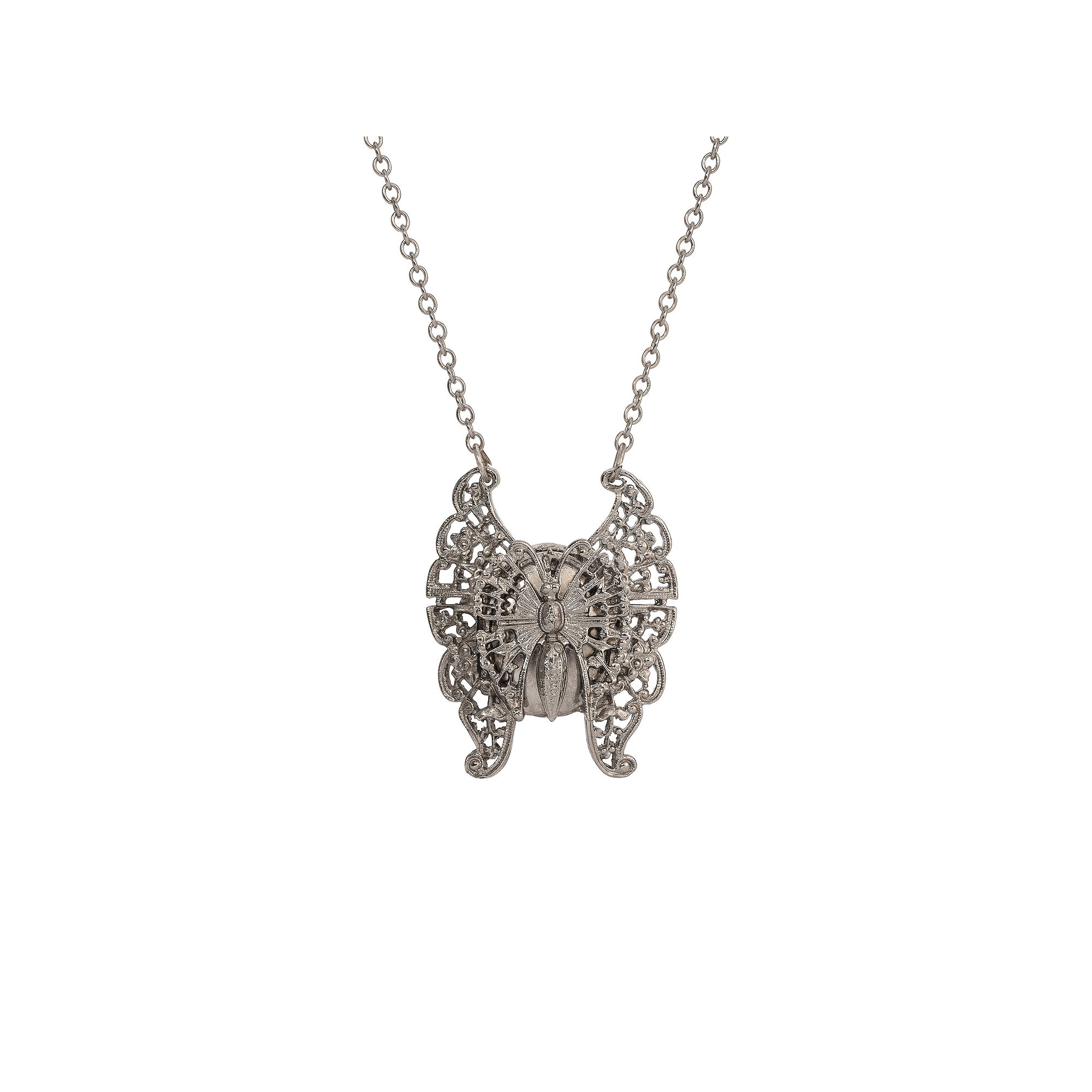 1928 Silver Tone Butterfly Locket Pendant Necklace, Womens, Gray