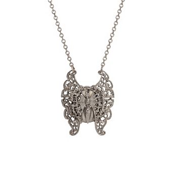 1928 Silver Tone Butterfly Locket Pendant Necklace