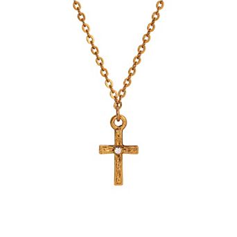 1928 Gold Tone Crystal Cross Pendant Necklace