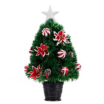 nearly natural 24 in Pre-Lit Fiber Optic Artificial Christmas Tree with Ornaments, Poinsettia & Star Topper