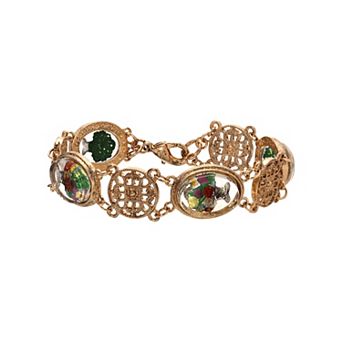 1928 Gold Tone Hand Painted Flower Stone Bracelet